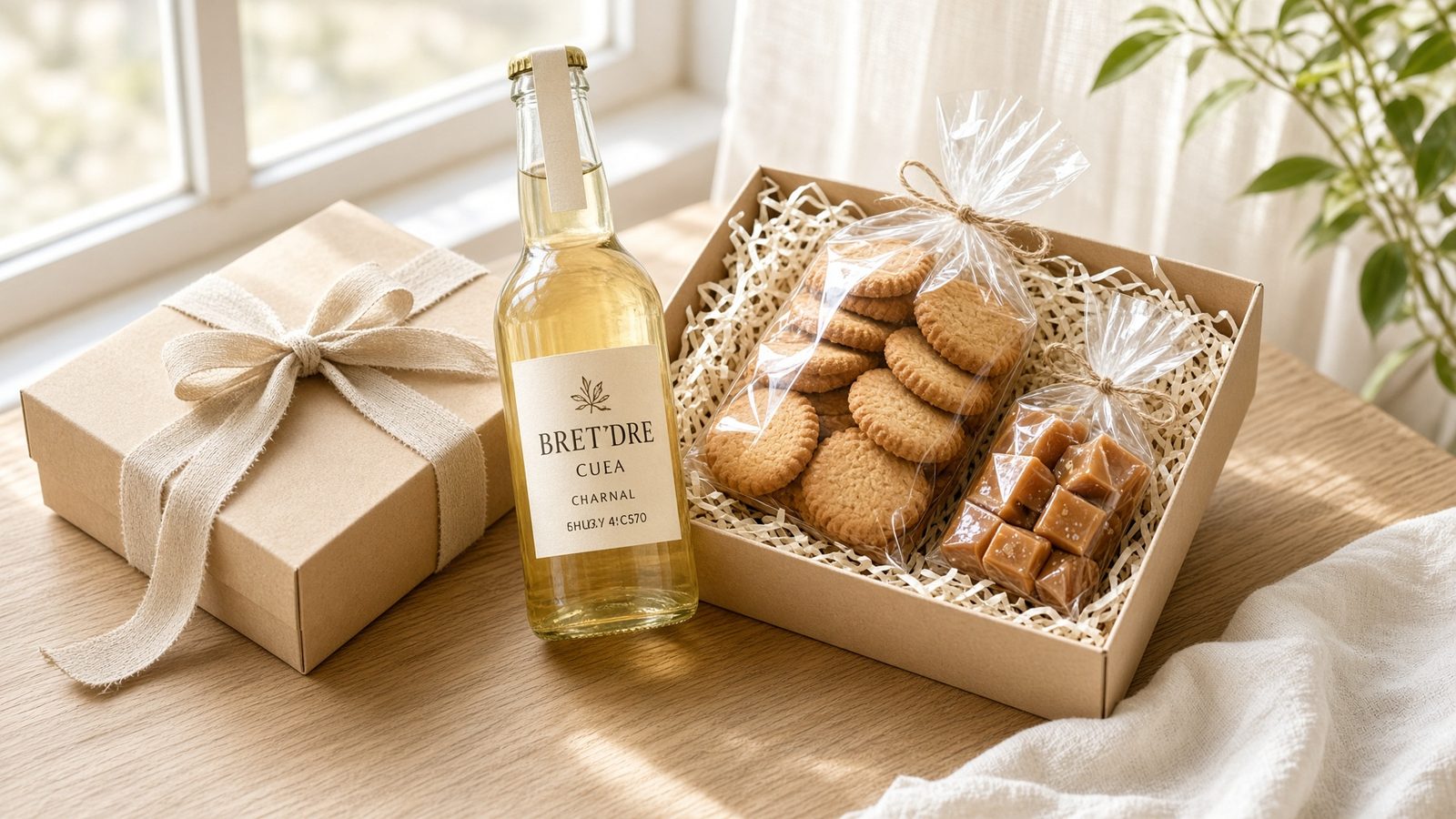 Coffret Terroir Breton remis avec les clés : galettes, caramels au beurre salé, cidre