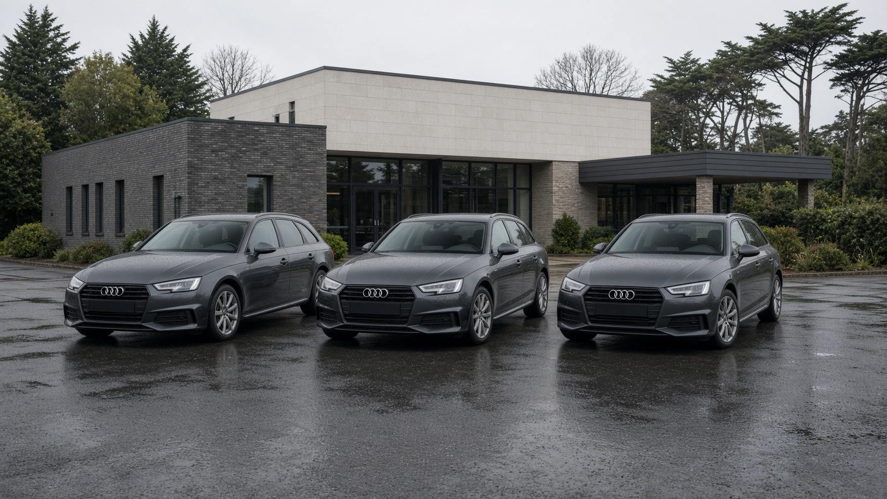 Flotte d’Audi A4 d’entreprise alignées devant un siège, gestion de flotte en Bretagne