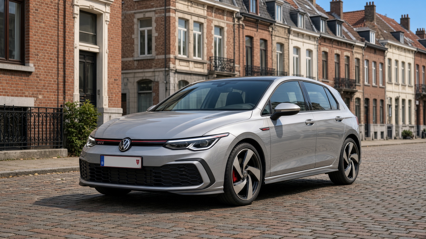 Volkswagen Golf GTI prise en charge dans une rue de Bruxelles avant convoyage vers Bénodet