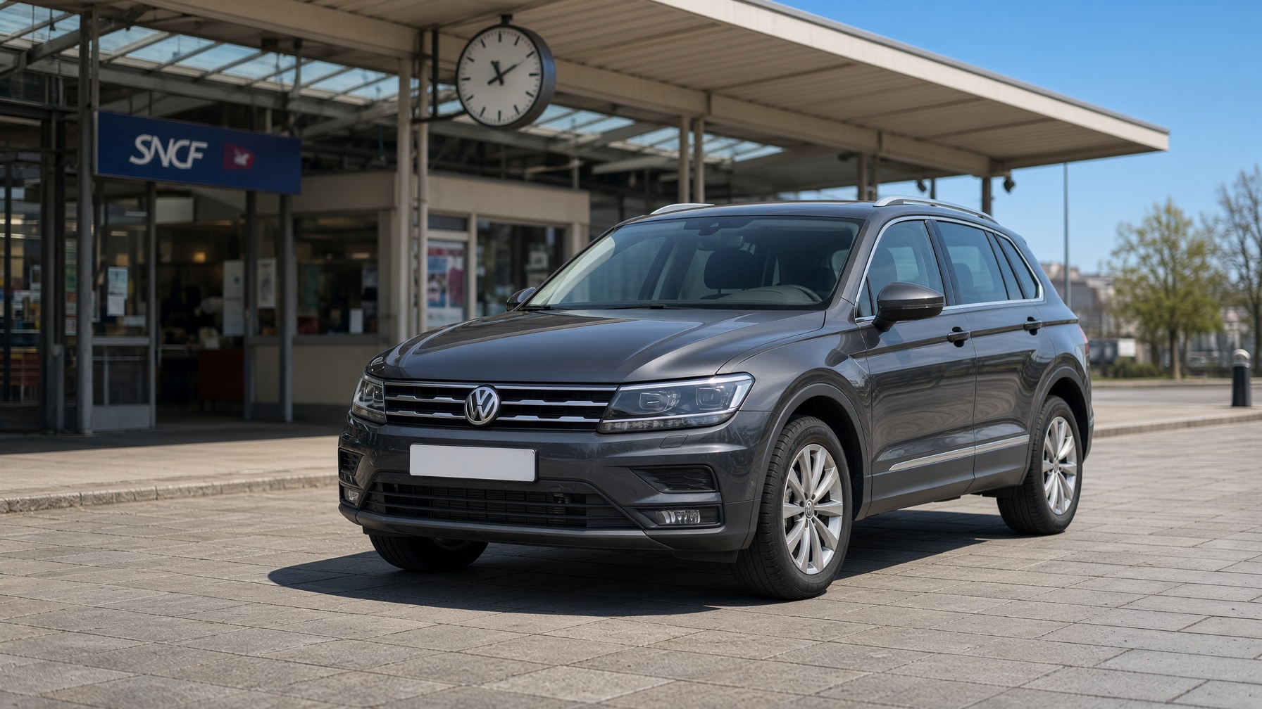 Volkswagen Tiguan pris en charge devant une gare de Bretagne pour une dépose en gare